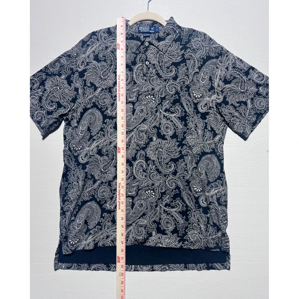 Polo Ralph Lauren Mens Large Navy Blue White Paisley Print Cotton Polo Shirt L